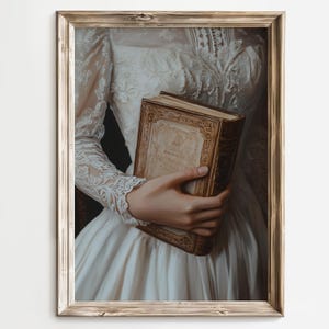 Victorian Woman Holding Book Print, Antique Aesthetic Wall Art, Vintage Dress Artwork, Elegant Feminine Decor, Literary Lover Gift
