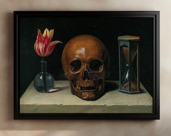 Vanitas Still Life Print, Skull Flower Hourglass Painting, Memento Mori Wall Art, Dutch Golden Age Artwork, Gothic Dark Academia Home Decor