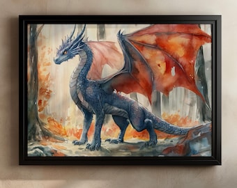 Majestic Blue Dragon Art Print, Fantasy Dragon Wall Art, Watercolor Dragon Poster, Mythical Creature Decor, Fantasy Forest Illustration