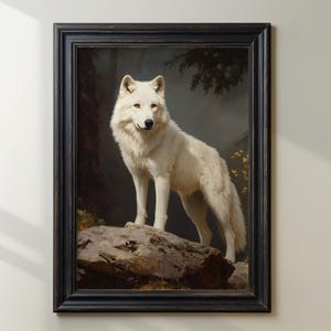 May include: A white wolf stands on a rock in a forest setting. The wolf is looking directly at the viewer. The background is a dark green and brown.