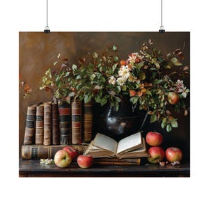Vintage Book Decor, Autumn Still Life Art, Antique Books, Apples and Flowers, Rustic Home Decor, Classic Literature, Fall Nature Art Print image 10