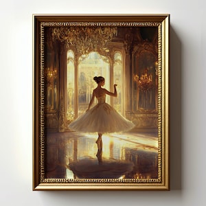 Elegant Ballerina Wall Art, Golden Ballroom Ballet Print, Romantic Dance Decor, Classical Ballet Poster, Graceful Dancer Room Artwork