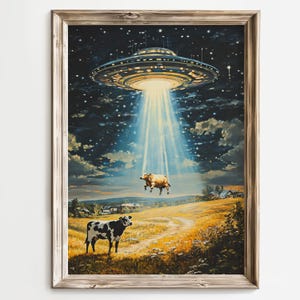 UFO Cow Abduction Art Print, Alien Spaceship Wall Art, Funny Farmhouse Decor, Surreal Cow Artwork, Sci-Fi Poster, Whimsical Country Art