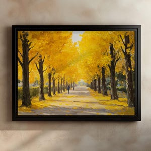 May include: A framed painting of a path lined with yellow trees in autumn. The path leads to a distant horizon, and the trees are painted in a realistic style.