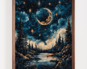Moonlit Night Sky Art Print, Starry Landscape Wall Decor, River and Forest Artwork, Celestial Art, Cosmic Moon Poster, Night Sky Painting