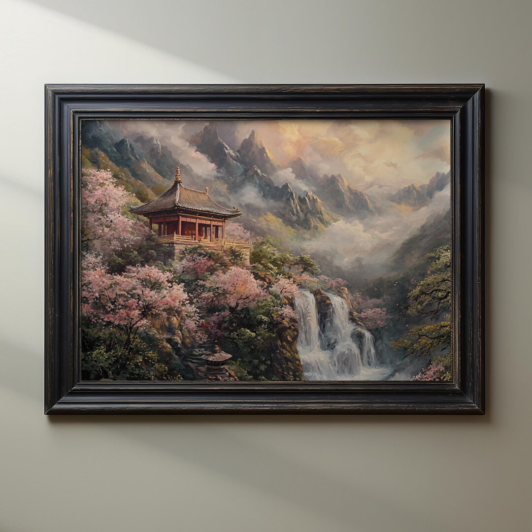 Cherry Blossom Temple Art Print, Mountain Waterfall Wall Art, Asian ...