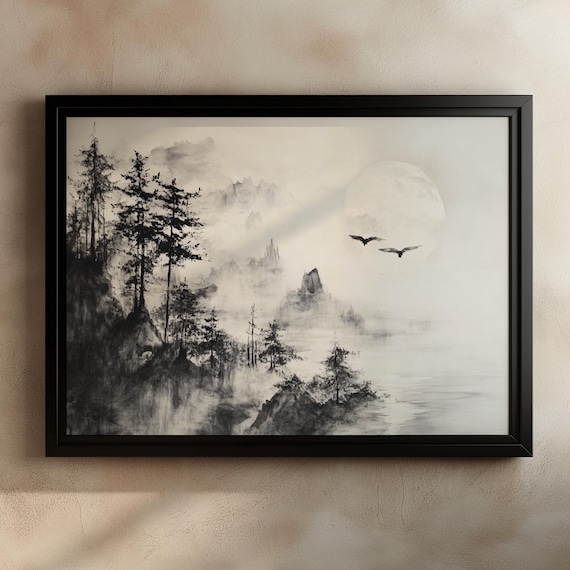 Japanese Ink Wash Painting Print, Sumi-e Style Decor, Black and