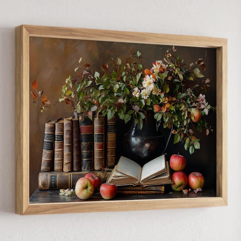 Vintage Book Decor, Autumn Still Life Art, Antique Books, Apples and Flowers, Rustic Home Decor, Classic Literature, Fall Nature Art Print image 4