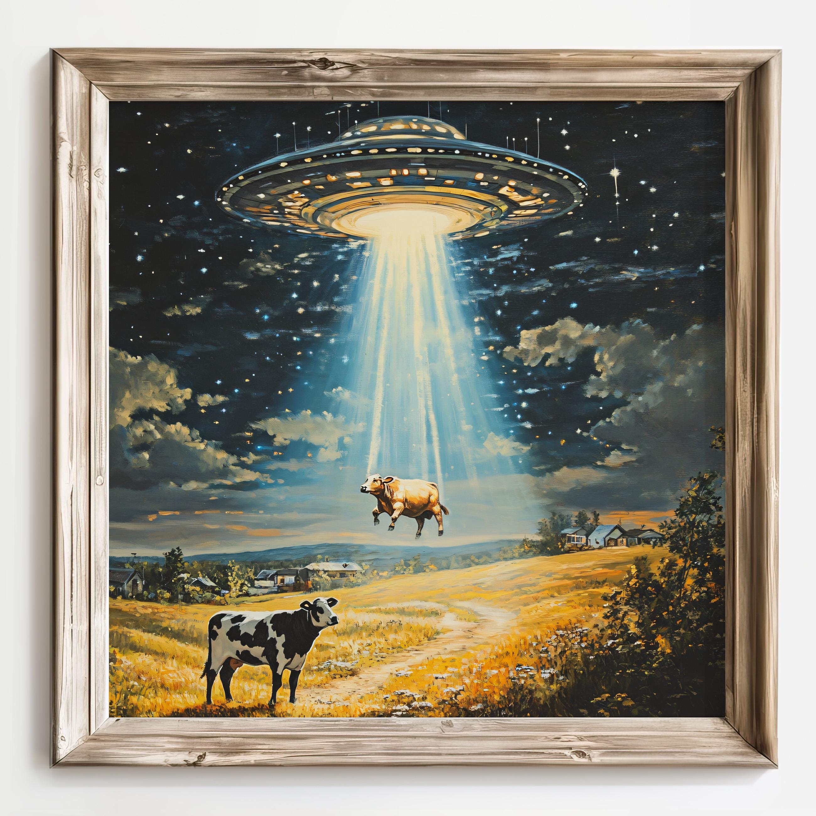 UFO Cow Abduction Art Print, Alien Spaceship Wall Art, Funny Farmhouse ...