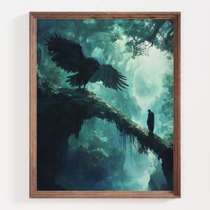 Dark Fantasy Artwork, Raven and Human, Mystical Forest Art, Surreal Landscape, Gothic Home Decor, Fantasy Wall Art, Magical Creature