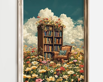 Whimsical Library Art Print, Cozy Reading Nook Poster, Book Lover Decor, Floral Bookshelf Illustration, Fantasy Garden Wall Art