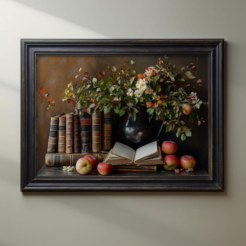Vintage Book Decor, Autumn Still Life Art, Antique Books, Apples and Flowers, Rustic Home Decor, Classic Literature, Fall Nature Art Print image 1