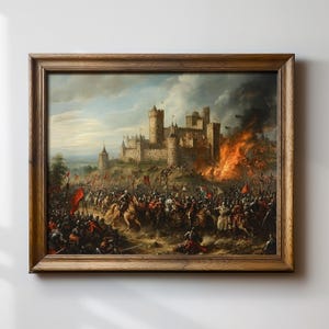 Medieval Battle Print, Castle Siege Art, Knights in Battle, Historical Wall Art, Vintage War Painting, Dramatic Battle Scene, Medieval Decor