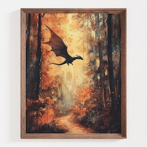 Fantasy Dragon Art Print, Enchanted Forest Poster, Autumn Dragon Wall Art, Mystical Creature Painting, Flying Dragon, Gift For Dragon Lovers