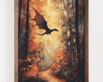 Fantasy Dragon Art Print, Enchanted Forest Poster, Autumn Dragon Wall Art, Mystical Creature Painting, Flying Dragon, Gift For Dragon Lovers