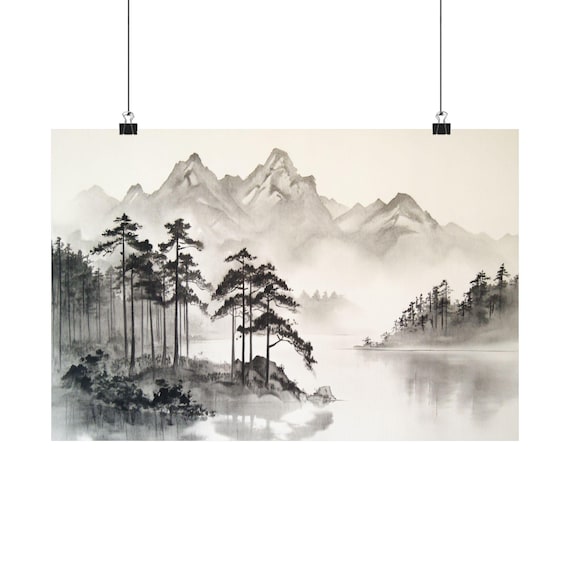 Sumi-e Mountain Scene, Black and White Wall Decor, Japanese Ink