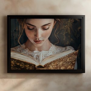 Vintage Book Art, Girl Reading a Book, Classic Literature Painting, Elegant Home Decor, Book Lover Gift, Antique Book Art, Reading Wall Art
