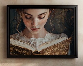 Op de afbeelding: Een jonge vrouw met lang bruin haar leest een boek met een gouden omslag en ingewikkelde ontwerpen. Ze draagt een wit kanten blouse en heeft een delicate gouden oorring in haar linker oor.