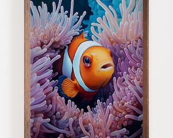 Clownfish Art Print, Vibrant Sea Anemone Painting, Tropical Ocean Decor, Underwater Marine Life Poster, Aquarium Wall Art, Beach House Gift