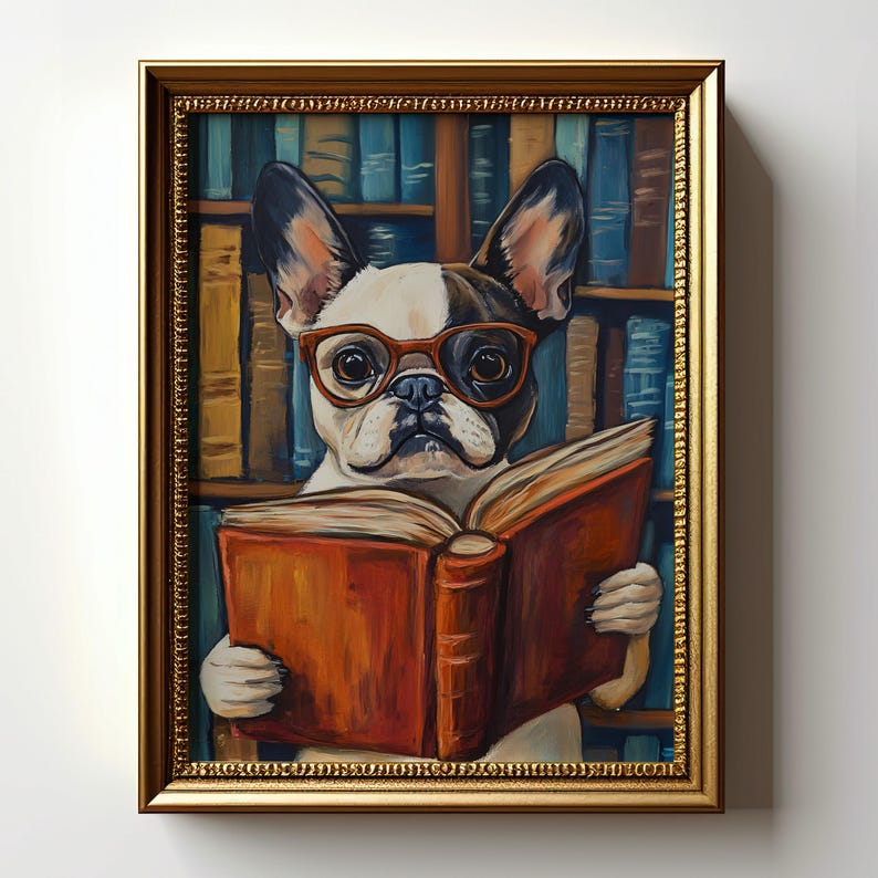 French Bulldog Art Print, Cute Dog Reading Book, Bookish Dog Wall Art ...