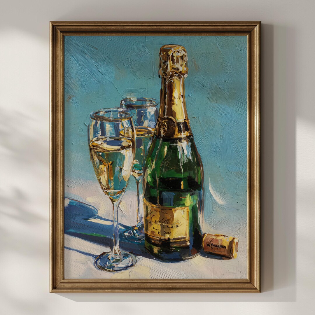 Champagne Bottle Still Life Print, Sparkling Wine Glass Art ...