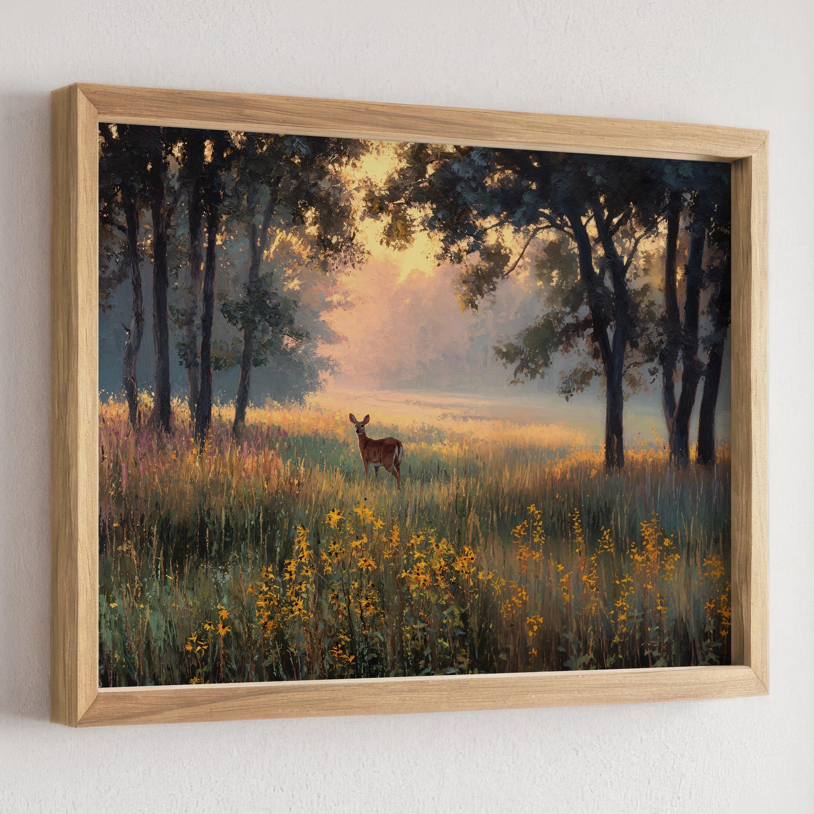 Deer Meadow Sunrise Art Print, Woodland Wildlife Landscape Painting, Misty Forest Morning Wall Decor, Peaceful Nature Artwork - 24″ x 18″