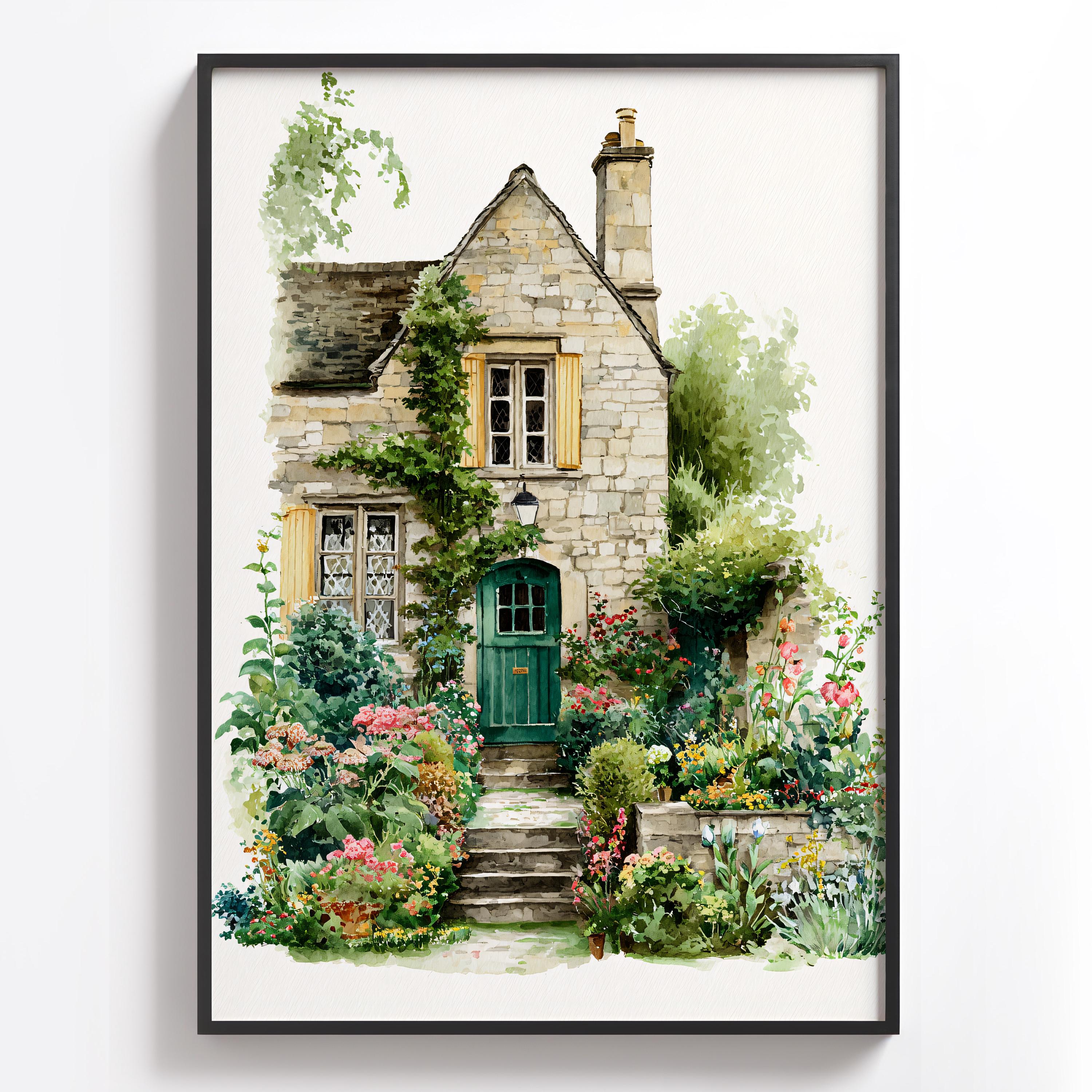 English Cottage Wall Art Print, Watercolor Country House Painting ...