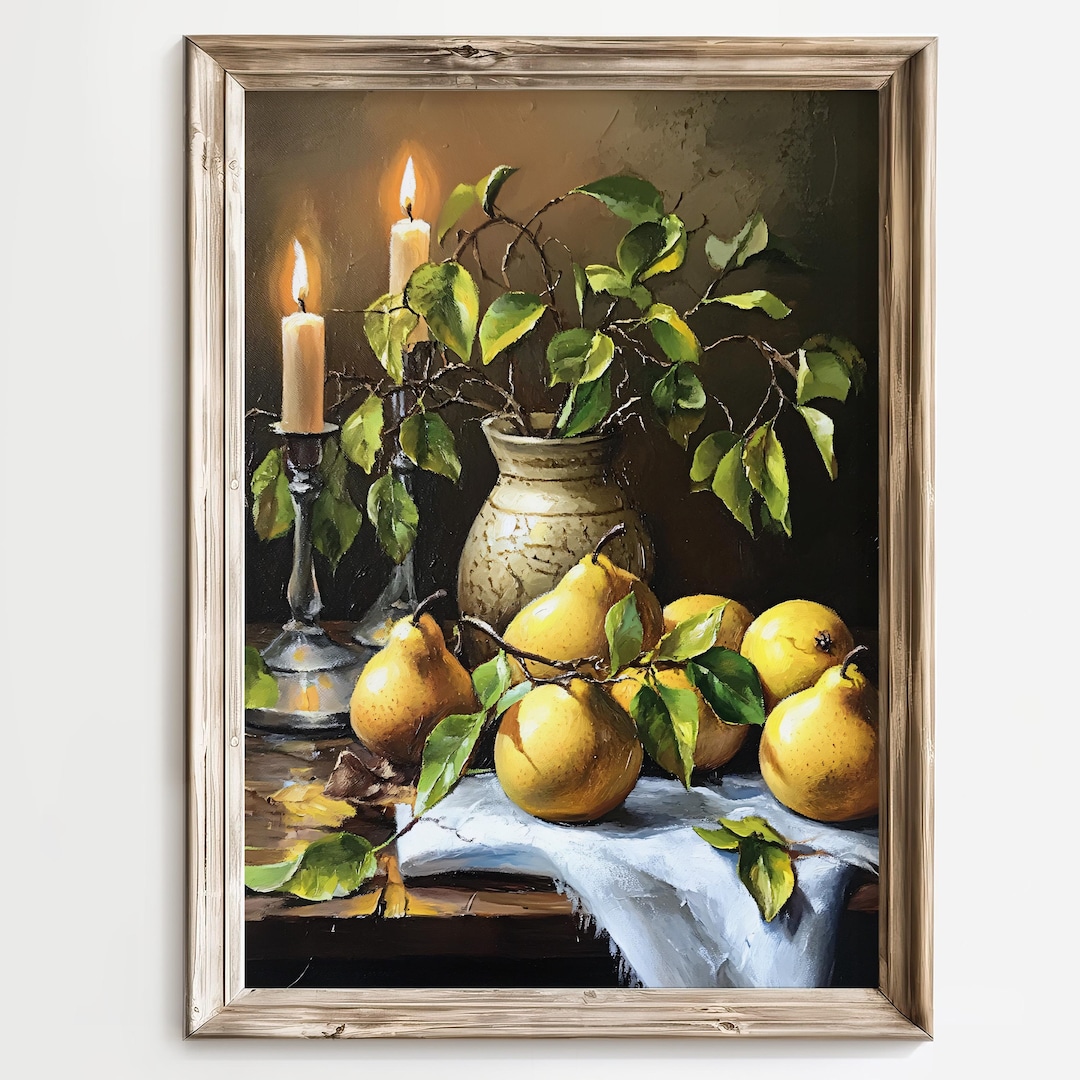 Rustic Still Life Art, Pear and Candlelight Painting, Autumn Harvest ...