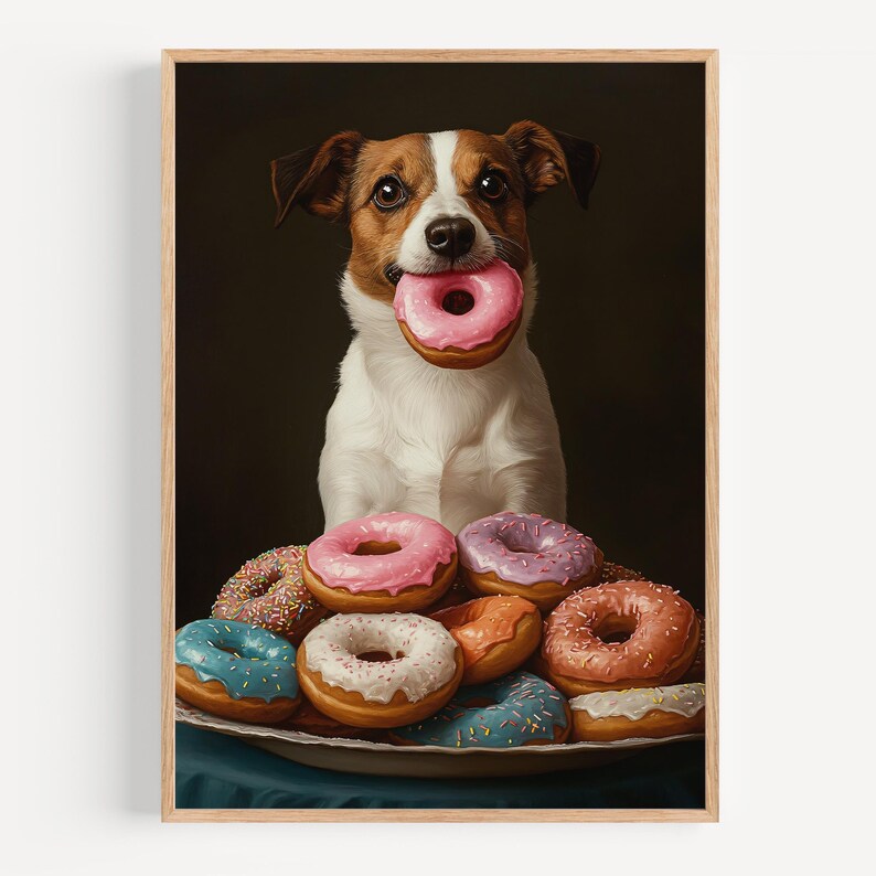 Funny Dog With Donut, Jack Russell Terrier Print, Cute Dog Wall Art, Donut Lover Print Dog Kitchen Decor, Pet Portrait, Colorful Donuts Art image 8