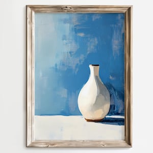 Minimalist Vase Art Print, Blue and White Wall Decor, Modern Abstract Artwork, Simple Still Life Painting, Contemporary Home Decor Gift Idea