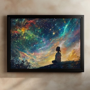 May include: A digital painting of a person sitting on a hill, looking up at a colorful night sky filled with stars. The sky is a mix of blues, greens, purples, and oranges, with a few clouds.