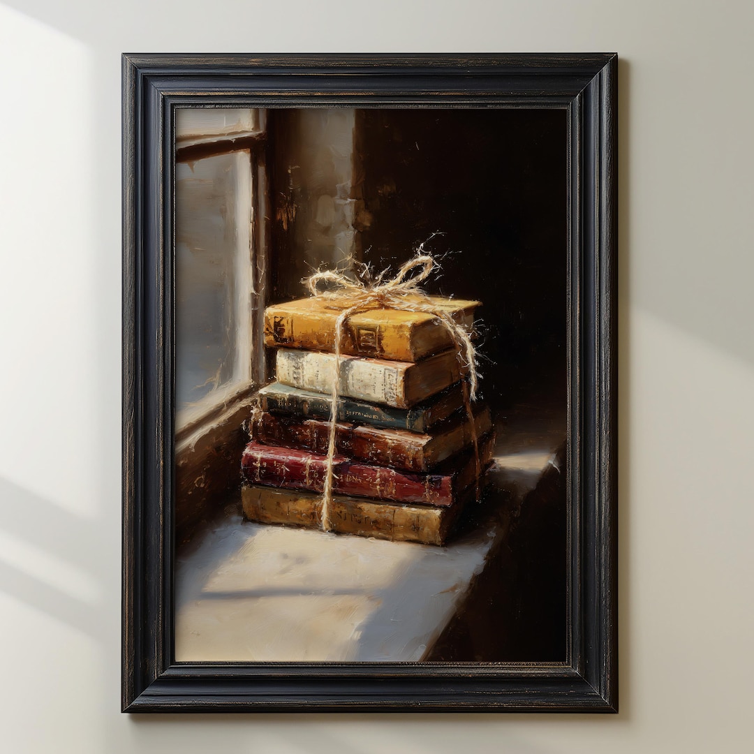 Stacked Vintage Books Art Print, Cozy Reading Nook Wall Art, Rustic ...