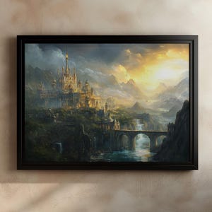 Fantasy Castle Print, Magical Kingdom Artwork, Fantasy Landscape Decor, Castle in the Mountains, Enchanted Bridge Art, Mystical Kingdom Art