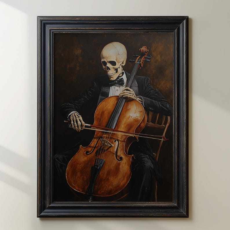 Skeleton Playing Cello Art Print, Gothic Classical Music Decor, Dark ...