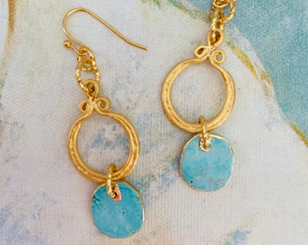 22 K Gold Hammered Earrings Turquoise Antique Pendant Beaded Bracelet Greek Jewelry