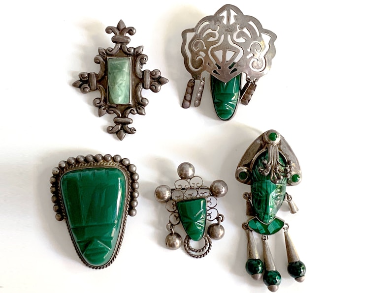 Large Vintage Mexican Carved Green Onyx Face Mask Pin Sterling Silver Brooch Diaz Santoyo