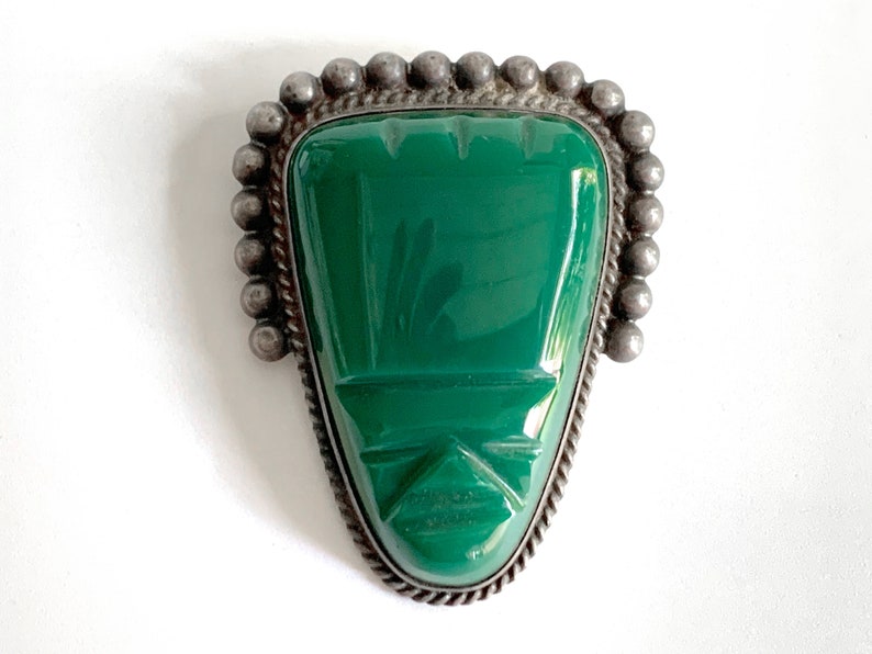 Large Vintage Mexican Carved Green Onyx Face Mask Pin Sterling Silver Brooch Diaz Santoyo