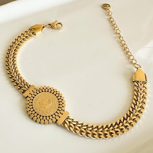 22K Gold Plated Coin Bracelet – Thick Steel Chain Ottoman Style Adjustable Jewelry