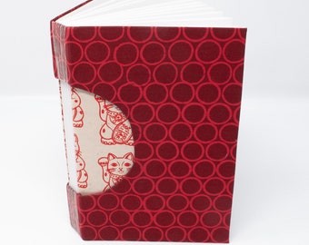 Journal / Blank Hand Bound Book / Notebook / Rigid Fabric Cover / Lay Flat Pages / Lined Pages / Bright Red Lucky Kitty