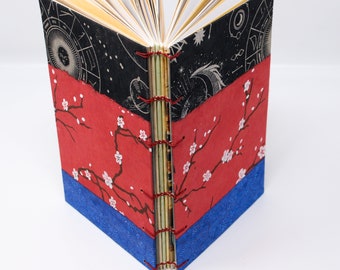 Menagerie Journal / Blank Hand Bound Book / Notebook / Rigid Cover / Lay Flat Pages / Coptic Bound / Cherry Blossom Stars and Blue Tigers