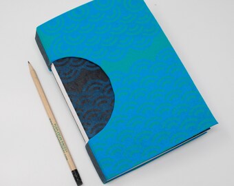 Blank Hand Bound Journal / Writing Notebook / Rigid Fabric Cover / Lined Pages / Lay Flat Pages / Seaside Blue / Japanese Wave Pattern