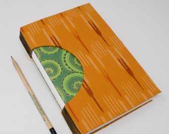 Journal / Blank Hand Bound Book / Notebook / Rigid Fabric Cover / Lay Flat Pages / Lined Pages / Bright and Warm Orange Pattern