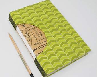 Journal / Blank Hand Bound Book / Notebook / Sketchbook / Rigid Fabric Cover / Lay Flat Pages / Green Chevrons and Art Supplies