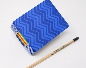 Bitty Book / A Page A Day Journal / 365 Day Journal / Hand Bound Notebook / Day Book / Lay Flat / Bright Blue Zig Zag with Rainbow Pages