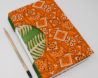 Journal / Blank Hand Bound Book / Notebook / Sketchbook / Rigid Fabric Cover / Lay Flat Pages / Orange Bandana and Batik Fern