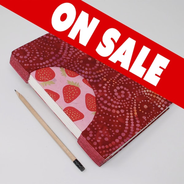 Artist Sketchbook / Handmade Journal / Large Notebook / Lay Flat Pages / Heavy Weight Page Paper / Hand Bound / Red Batik Pink Strawberries
