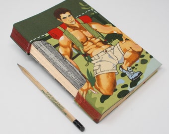 Journal / Travel Notebook / Artist Sketchbook / Diary / Hand Bound / Rigid Fabric Cover / Blank Pages / Lay Flat Spine / Sexy Camping Dudes