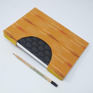 Journal / Travel Notebook / Diary / Rigid Fabric Cover / Lay Flat Pages / Lined Paper / Homespun Orange and Skulls / Spicy Mustard