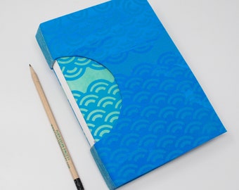 Blank Hand Bound Journal / Artist Sketchbook / Notebook / Diary / Rigid Fabric Cover / Lay Flat Pages / Seaside Blue / Japanese Wave Pattern