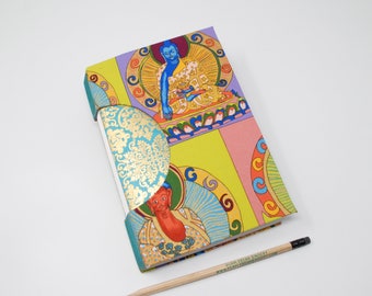 Blank Hand Bound Journal / Lined Pages / Notebook / Rigid Fabric Cover / Blank Book / Lay Flat Spine / Funky Bright Buddha